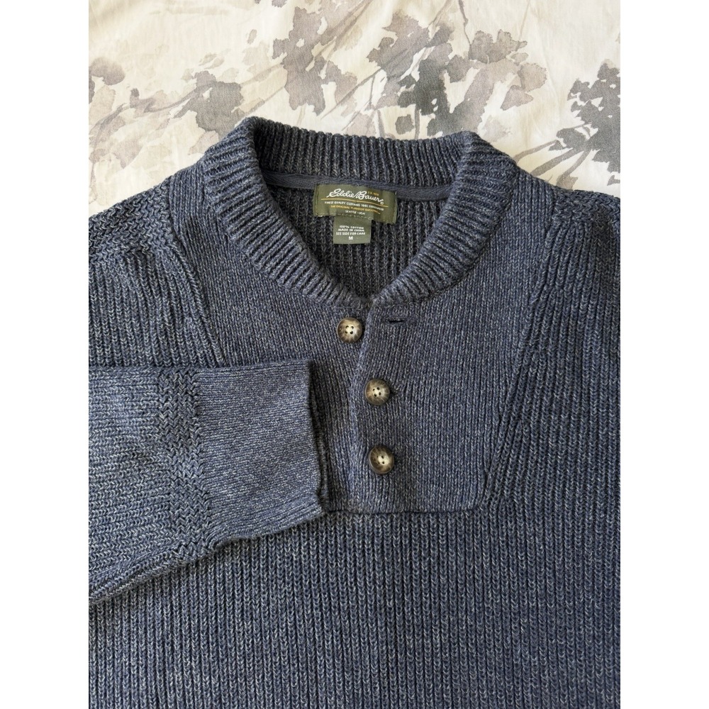 Vintage Eddie Bauer Knit Pullover Sweater Quarter Button Navy Blue Knitted